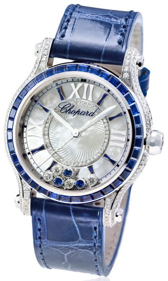 Luxury And Sparkling UK Chopard Happy Diamonds Fake Swiss Watches With Blue Leather Straps