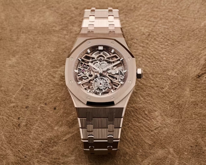 UK Cheap Fake Audemars Piguet Royal Oak Selfwinding Flying Tourbillon Openworked In Sand Gold, Ref. 26735SG